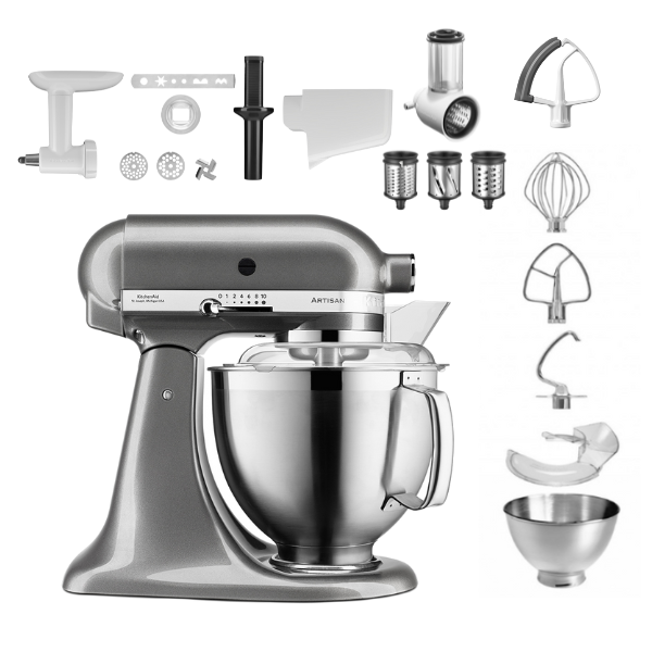KitchenAid 4,8 L 5KSM185 Artisan Küchenmaschine Profiset Fleischwolf+Spritzgebäck+Gemüseschneider+Pürie