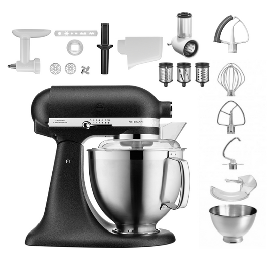 KitchenAid 4,8 L 5KSM185 Artisan Küchenmaschine Profiset Fleischwolf+Spritzgebäck+Gemüseschneider+Pürie